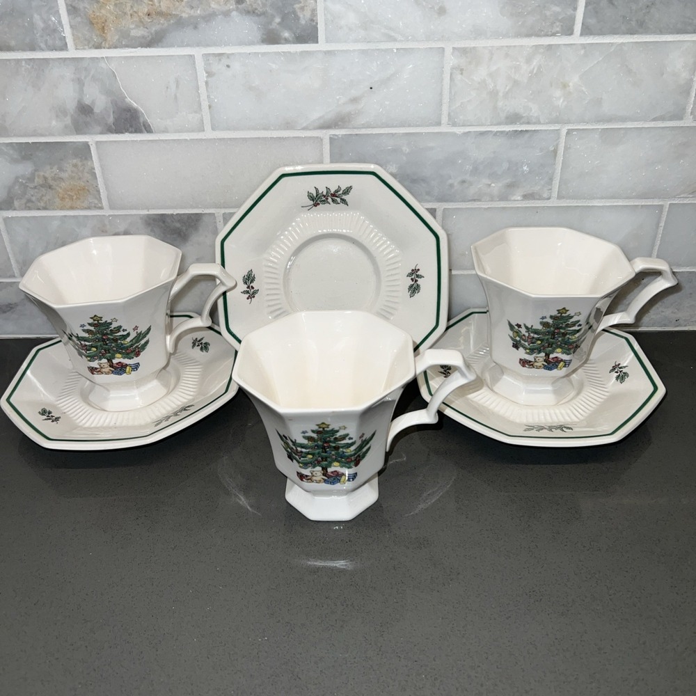 3 Sets Nikko CHRISTMASTIME Footed Cups & Saucers Japan Classic Collection -